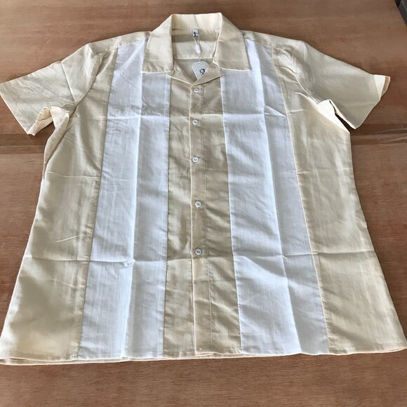 Coofandy Shirt Men L Beige Striped Button Up Short Sleeve Collared Preppy 18000 - Picture 1 of 10